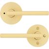 imageKwikset Halifax Entry Door Handle with Lock and Key Secure Keyed Reversible Lever Exterior for Front Entrance and Bedrooms Satin Brass Pick Resistant Smartkey Rekey Security and MicrobanSatin Brass