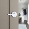 imageKwikset Halifax Entry Door Handle with Lock and Key Secure Keyed Reversible Lever Exterior for Front Entrance and Bedrooms Satin Brass Pick Resistant Smartkey Rekey Security and MicrobanPolished Chrome