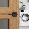 imageKwikset Halifax Entry Door Handle with Lock and Key Secure Keyed Reversible Lever Exterior for Front Entrance and Bedrooms Satin Brass Pick Resistant Smartkey Rekey Security and MicrobanMatte Black