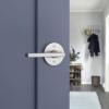 imageKwikset Halifax Entry Door Handle with Lock and Key Secure Keyed Reversible Lever Exterior for Front Entrance and Bedrooms Satin Brass Pick Resistant Smartkey Rekey Security and MicrobanSatin Chrome