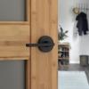 imageKwikset Halifax Entry Door Handle with Lock and Key Secure Keyed Reversible Lever Exterior for Front Entrance and Bedrooms Satin Brass Pick Resistant Smartkey Rekey Security and MicrobanMatte Black