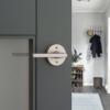 imageKwikset Halifax Entry Door Handle with Lock and Key Secure Keyed Reversible Lever Exterior for Front Entrance and Bedrooms Satin Brass Pick Resistant Smartkey Rekey Security and MicrobanSatin Nickel