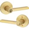 imageKwikset Halifax Entry Door Handle with Lock and Key Secure Keyed Reversible Lever Exterior for Front Entrance and Bedrooms Satin Brass Pick Resistant Smartkey Rekey Security and MicrobanSatin Brass