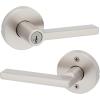 imageKwikset Halifax Entry Door Handle with Lock and Key Secure Keyed Reversible Lever Exterior for Front Entrance and Bedrooms Satin Brass Pick Resistant Smartkey Rekey Security and MicrobanSatin Nickel