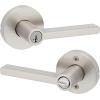 imageKwikset Halifax Entry Door Handle with Lock and Key Secure Keyed Reversible Lever Exterior for Front Entrance and Bedrooms Satin Brass Pick Resistant Smartkey Rekey Security and MicrobanSatin Nickel