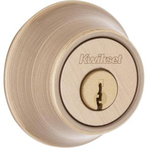 imageKwikset 660 Contemporary Deadbolt Deadbolt Lock Satin Nickel Square Exterior Keyed Front Entry Door Pick Resistant SmartKey Rekey Security Single Cylinder Dead Bolt with Microban ProtectionAntique Brass