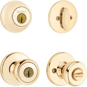 imageKwikset 690 Tylo Entry Knob and Single Cylinder Deadbolt Combo Pack featuring SmartKey in Polished Brass Key Lock