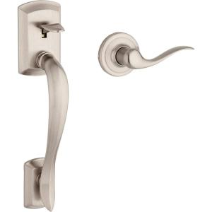 imageKwikset Avalon Front Door Handle No Lock Entry Handleset Exterior with Interior Reversible Handed Lever NonLocking Satin Nickel Deadbolt Not Included with Microban ProtectionSatin Nickel