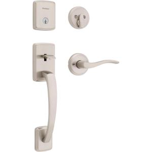 imageKwikset Brentford Front Door Lock Handle and Deadbolt Set Entry Handleset Exterior with Sedona Reversible Lever Matte Black Pick Resistant SmartKey Rekey Deadbolt Security with Microban ProtectionSatin Nickel