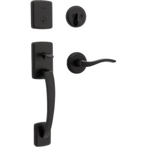 imageKwikset Brentford Front Door Lock Handle and Deadbolt Set Entry Handleset Exterior with Sedona Reversible Lever Satin Brass Pick Resistant SmartKey Rekey Deadbolt Security with Microban ProtectionMatte Black
