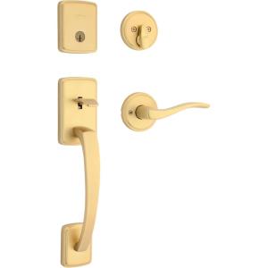 imageKwikset Brentford Front Door Lock Handle and Deadbolt Set Entry Handleset with Sedona Reversible Lever Satin Nickel Pick Resistant SmartKey Rekey Deadbolt Security with Microban ProtectionSatin Brass