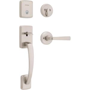 imageKwikset Brentford Front Door Lock Handle and Deadbolt Set Entry Handleset with Trafford Reversible Lever Matte Black Pick Resistant SmartKey Rekey Deadbolt Security with Microban ProtectionSatin Nickel