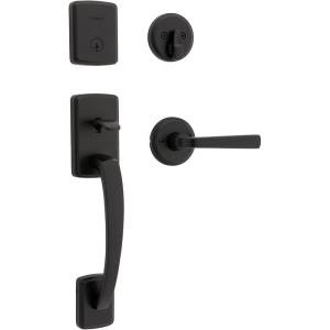 imageKwikset Brentford Front Door Lock Handle and Deadbolt Set Entry Handleset with Trafford Reversible Lever Satin Nickel Pick Resistant SmartKey Rekey Deadbolt Security with Microban ProtectionMatte Black