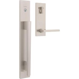 imageKwikset Caerus Front Door Lock Handle and Deadbolt Set Entry Handleset Exterior with Interior Lever Satin Nickel SmartKey ReKey Security with KwikSlide Door Handle Backplate Full Escutcheon