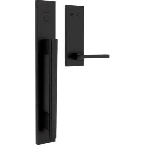 imageKwikset Caerus Front Door Lock Handle and Deadbolt Set Entry Handleset Exterior with Interior Reversible Lever Matte Black Pick Resistant SmartKey Rekey Deadbolt Security with Microban Protection