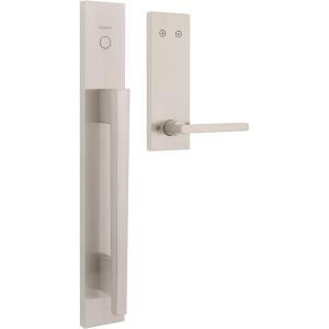 imageKwikset Caerus Front Door Lock Handle and Deadbolt Set Entry Handleset Exterior with Interior Reversible Lever Satin Nickel Pick Resistant SmartKey Rekey Deadbolt Security with Microban Protection