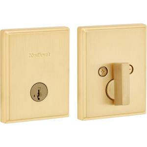 imageKwikset Crosstown Deadbolt Lock Satin Nickel Rectangular Exterior Keyed Front Entry Door Pick Resistant SmartKey Rekey Security Single Cylinder Dead Bolt Door Lock with Microban ProtectionSatin Brass