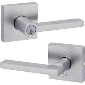 imageKwikset Halifax Entry Door Handle with Lock and Key Secure Keyed Reversible Lever Exterior For Front Entrance and Bedrooms Matte Black Pick Resistant Smartkey Rekey Security and MicrobanSatin Chrome