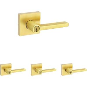 imageKwikset Halifax Entry Door Handle with Lock and Key Secure Keyed Reversible Lever Exterior For Front Entrance and Bedrooms Satin Brass Pick Resistant Smartkey Rekey Security and MicrobanKeyed Entry Pack of 4