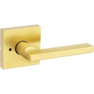 imageKwikset Halifax Interior Privacy Door Handle with Lock Door Lever For Bathroom and Bedroom Satin Brass Reversible Keyless Push Button Lock Door Lever with Microban Protection Square RoseSatin Brass