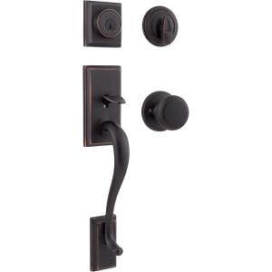 imageKwikset Hawthorne Front Door Lock Handle and Deadbolt Set Entry Handleset Exterior with Interior Door Knob Venetian Bronze Pick Resistant SmartKey Rekey Deadbolt Security with Microban ProtectionVenetian Bronze