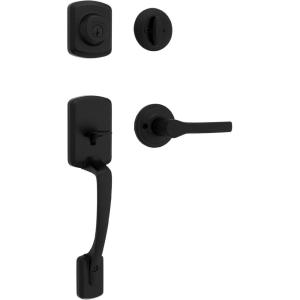 imageKwikset Henley Front Door Lock Handle and Deadbolt Set Entry Handleset Exterior with Interior Reversible Lever Matte Black Pick Resistant SmartKey Rekey Deadbolt Security with Microban ProtectionMatte Black