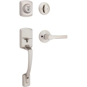 imageKwikset Henley Front Door Lock Handle and Deadbolt Set Entry Handleset Exterior with Interior Reversible Lever Matte Black Pick Resistant SmartKey Rekey Deadbolt Security with Microban ProtectionSatin Nickel