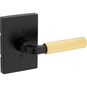 imageKwikset Mirada Reeded Interior Privacy Door Handle with Lock Handle for Bathroom and Bedroom Satin Brass Reversible Keyless Push Button Lock with Microban ProtectionMatte Black Satin Brass