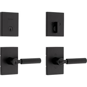 imageKwikset Mirada Reeded Interior Privacy Door Handle with Lock Handle for Bathroom and Bedroom Satin Brass Reversible Keyless Push Button Lock with Microban ProtectionMatte Black