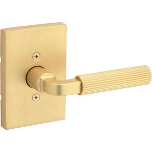 imageKwikset Mirada Reeded Interior Privacy Door Handle with Lock Handle for Bathroom and Bedroom Satin Brass Reversible Keyless Push Button Lock with Microban ProtectionSatin Brass