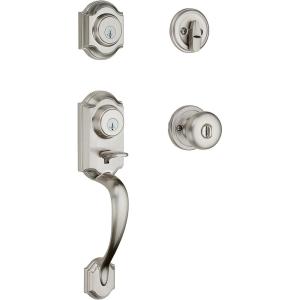 imageKwikset Montara Front Door Lock Handle and Deadbolt Set Entry Handleset Exterior with Interior Door Knob Satin Nickel Pick Resistant SmartKey Rekey Deadbolt SecuritySatin Nickel