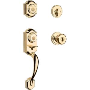 imageKwikset Montara Front Door Lock Handle and Deadbolt Set Entry Handleset Exterior with Interior Door Knob Satin Nickel Pick Resistant SmartKey Rekey Deadbolt SecurityPolished Brass