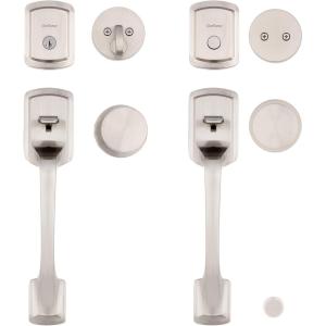 imageKwikset Prague Front Door Lock Handle and Deadbolt Set Entry Handleset Exterior with Interior Door Knob Satin Nickel Pick Resistant SmartKey Rekey Deadbolt Security with Microban ProtectionSatin Nickel