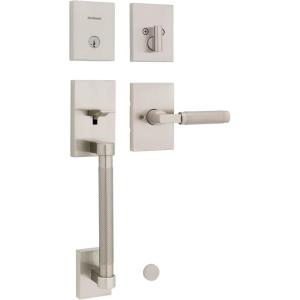 imageKwikset Prava Front Door Lock Handle and Deadbolt Set Entry Handleset Exterior with Interior Reversible Lever Matte Black Pick Resistant SmartKey Rekey Deadbolt Security with Microban ProtectionSatin Nickel