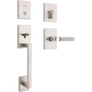 imageKwikset San Clemente Front Door Lock Handle and Deadbolt Set Entry Handleset with Mirada Reversible Lever Satin Nickel Pick Resistant SmartKey Rekey Deadbolt Security with Microban ProtectionSatin Nickel