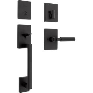 imageKwikset San Clemente Front Door Lock Handle and Deadbolt Set Entry Handleset with Mirada Reversible Lever Satin Nickel Pick Resistant SmartKey Rekey Deadbolt Security with Microban ProtectionMatte Black