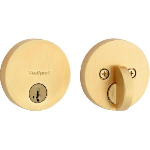 imageKwikset Uptown Deadbolt Lock Satin Brass Round Exterior Keyed Front Entry Door Pick Resistant SmartKey Rekey Security Single Cylinder Dead Bolt with Microban ProtectionSatin Brass