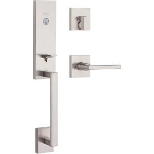 imageKwikset Vancouver Front Door Lock Handle and Deadbolt Set Entry Handleset Exterior with Interior Reversible Lever Satin Nickel Pick Resistant SmartKey Rekey Deadbolt SecuritySatin Nickel