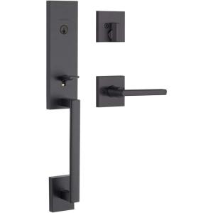 imageKwikset Vancouver Front Door Lock Handle and Deadbolt Set Entry Handleset Exterior with Interior Reversible Lever Satin Nickel Pick Resistant SmartKey Rekey Deadbolt SecurityMatte Black