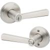 imageKwikset Trafford Interior Passage Door Handle Lever for Closet and Hallway Doors Reversible NonLocking Handle Lever Matte Black with Microban ProtectionSatin Nickel