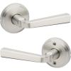 imageKwikset Trafford Interior Passage Door Handle Lever for Closet and Hallway Doors Reversible NonLocking Handle Lever Matte Black with Microban ProtectionSatin Nickel