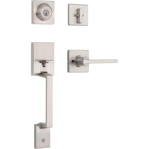 imageKwikset Amador Front Door Lock Handle and Deadbolt Set Entry Handleset Exterior with Casey Reversible Lever Matte Black Pick Resistant SmartKey Rekey Deadbolt Security with Microban ProtectionSatin Nickel