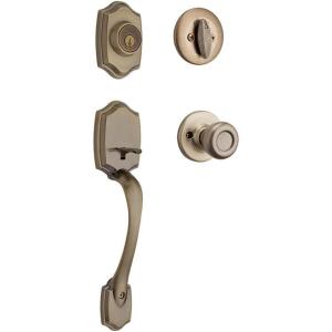 imageKwikset Belleview Front Door Lock Handle and Deadbolt Set Entry Handleset Exterior with Interior Door Knob Satin Nickel Pick Resistant SmartKey Rekey Deadbolt SecurityAntique Brass