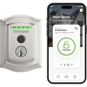 imageKwikset Halo Touch Fingerprint WiFi Smart Lock Keyless Entry Door Low Profile Deadbolt Geofence AutoUnlock Grade AAA Certified No Hub Easy Install Venetian Bronze Lifetime Finish Warranty ArchSatin Nickel