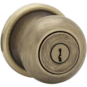 imageKwikset Juno Entry Door Knob with Lock and Key Secure Keyed Handle Exterior Front Entrance and Bedroom Polished Brass Pick Resistant SmartKey Rekey SecurityAntique Brass
