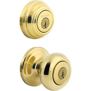 imageKwikset Juno Keyed Entry Door Knob and Single Cylinder Deadbolt Combo Pack with Microban Antimicrobial Protection Featuring SmartKey Security in Satin NickelPolished Brass