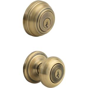 imageKwikset Juno Keyed Entry Door Knob and Single Cylinder Deadbolt Combo Pack with Microban Antimicrobial Protection Featuring SmartKey Security in Satin NickelAntique Brass