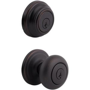 imageKwikset Juno Keyed Entry Door Knob and Single Cylinder Deadbolt Combo Pack with Microban Antimicrobial Protection Featuring SmartKey Security in Satin NickelVenetian Bronze
