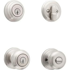 imageKwikset Juno Keyed Entry Door Knob and Single Cylinder Deadbolt Combo Pack with Microban Antimicrobial Protection Featuring SmartKey Security in Satin NickelSatin Nickel