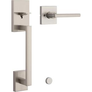imageKwikset San Clemente Front Door Handle No Lock Entry Handleset Exterior with Interior Reversible Handed Lever NonLocking Satin Nickel Deadbolt Not Included with Microban Protection